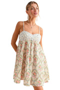 Garden Naked Womens Casual Sundress Floral Print Smocked Empire Waist Spaghetti Strap Babydoll Mini Dress White Pink
